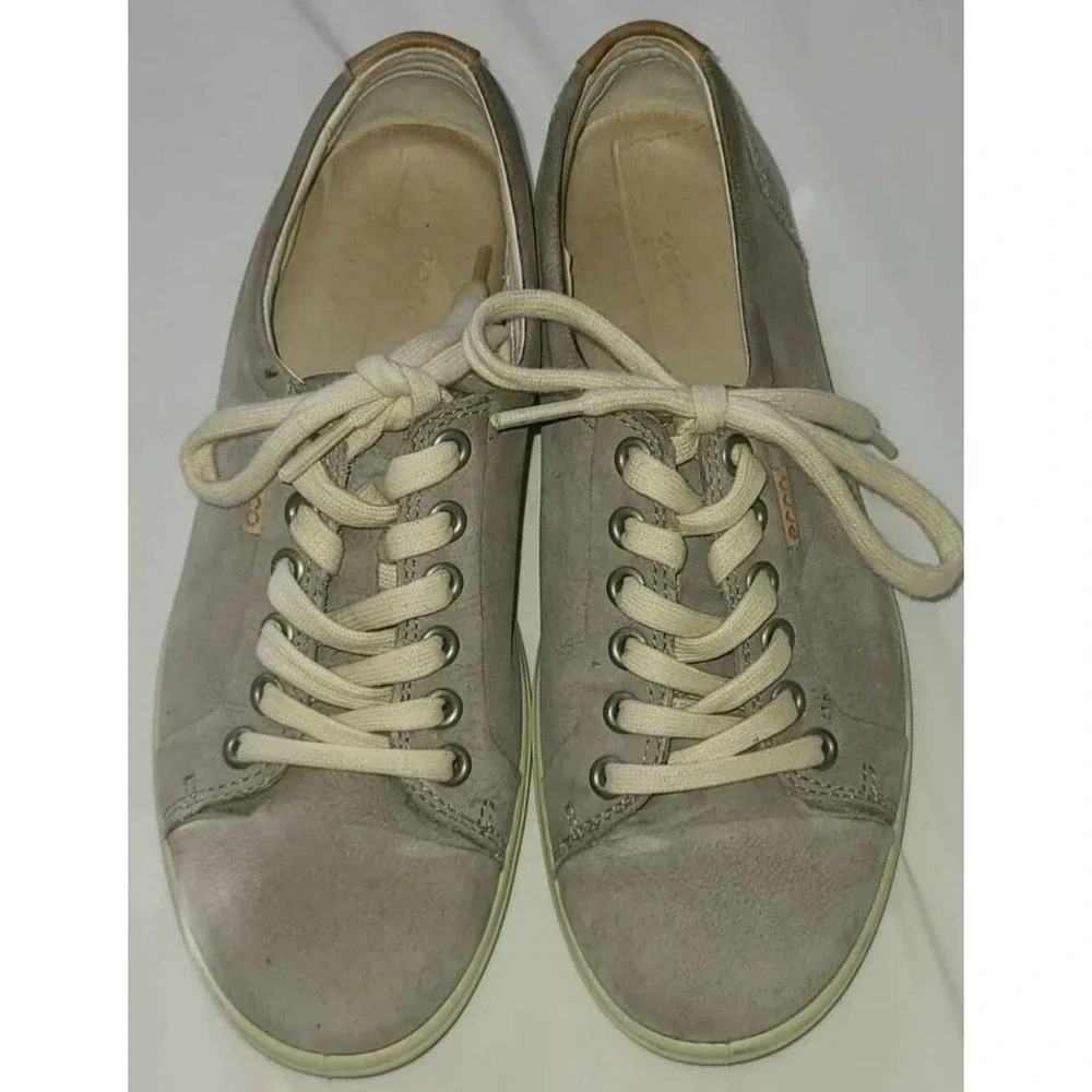 ECCO Soft 7 Mens Taupe Grey Nubuck Leather Low Top Sneakers Lace Up Shoes